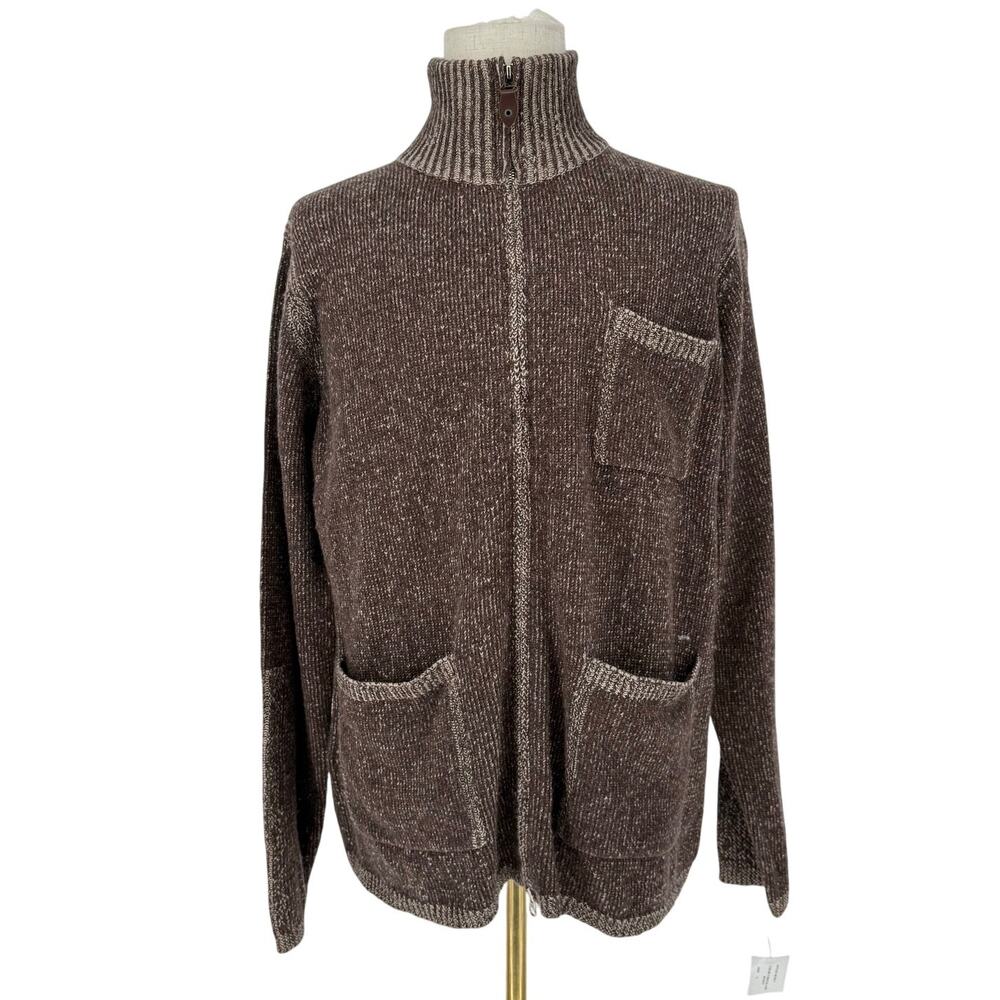 Robert Graham Full Zip Chunky Knit Cardigan Sweater Brown Chocolate Wool L